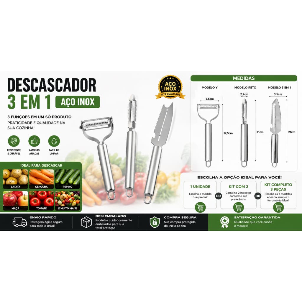 Descascador de Legumes Inox com Cabo Ergonômico Batata Cenoura Pepino Frutas Cozinha Resistente
