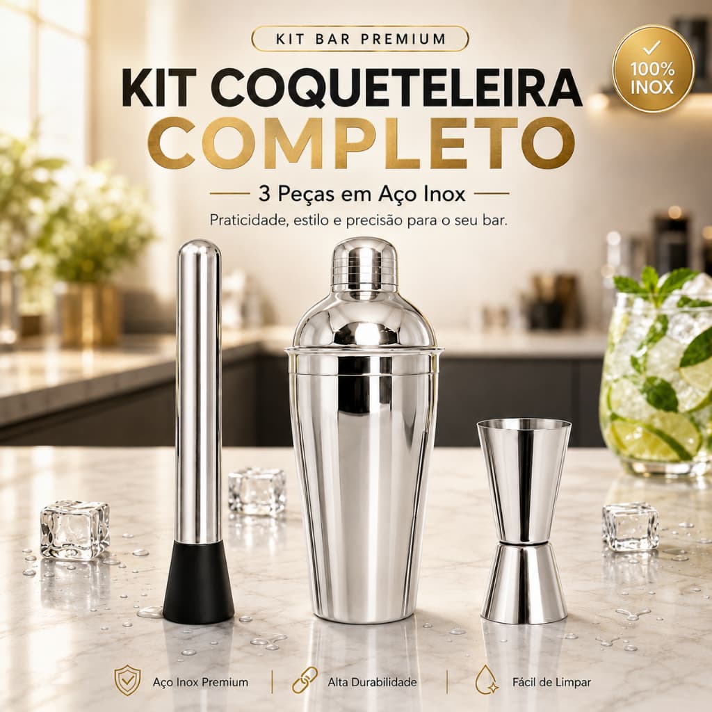 Kit Bar Inox 3 Peças Coqueteleira Socador e Dosador para Drinks Bebidas Geladas multiuso resistente