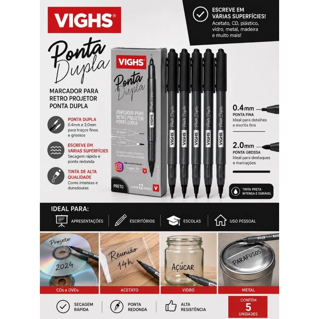 Kit Marcador Permanente Ponta Dupla VIGHS Preto Retroprojetor 0.4mm e 2.0mm | 3, 5 e 12 Unidades