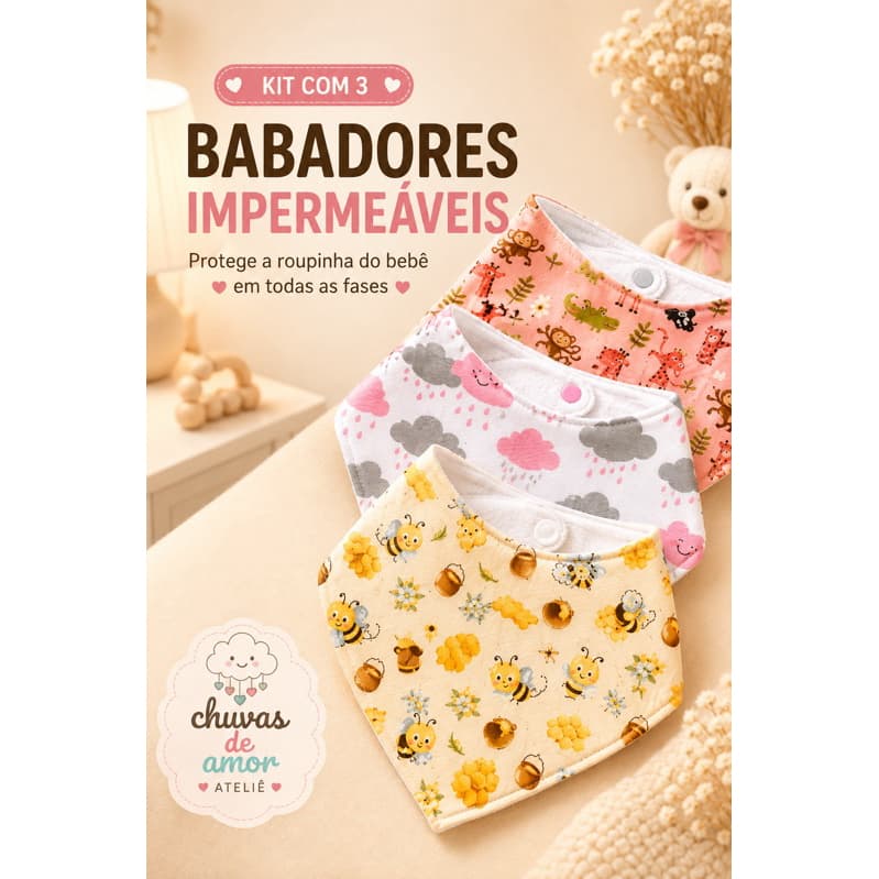 Kit 3 Babadores Bandana Impermeável Bebê Ajustável Algodão