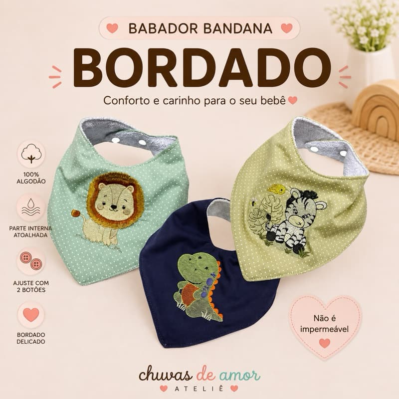 Babador Bandana Bordado Atoalhado Bebê 100% Algodão com Ajuste
