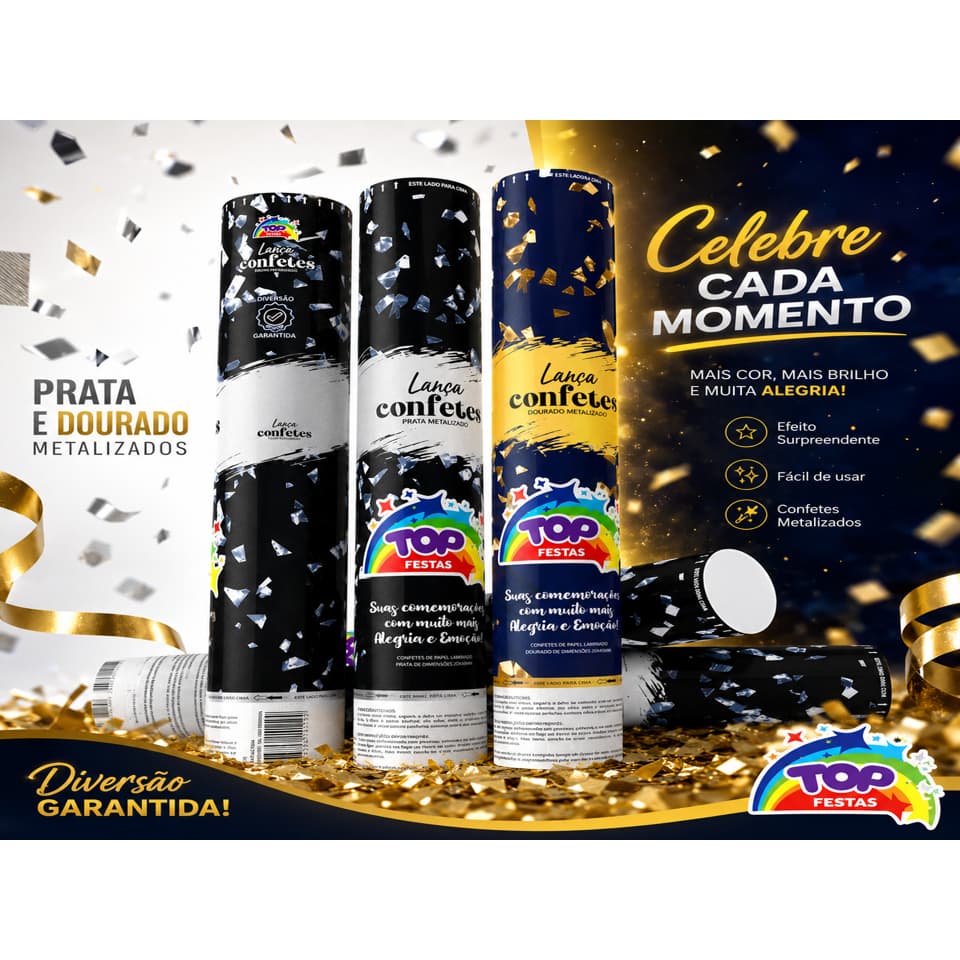 1 unidade Lança confete colorido chuva de cores metalizado 30cm tubo para festa e eventos