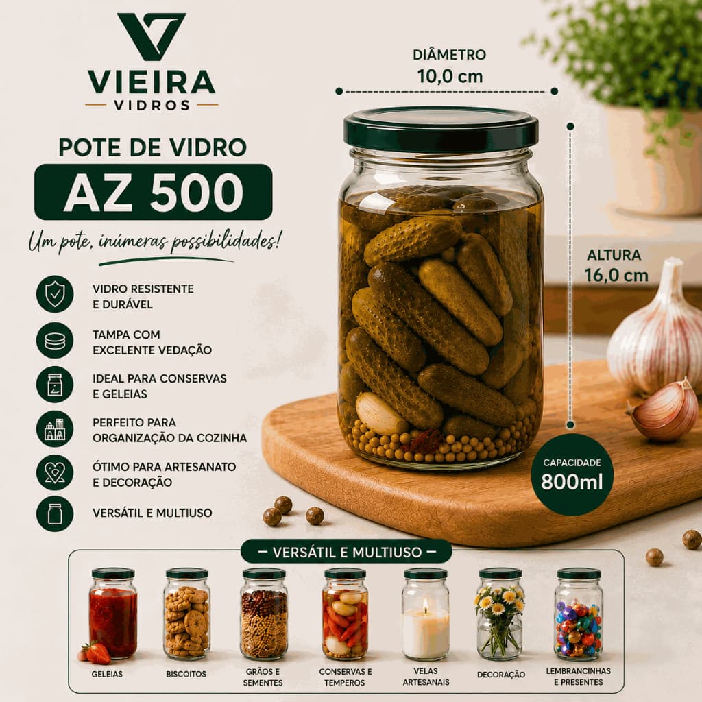 Pote de Vidro AZ 500 com Tampa – Ideal para Conservas, Doces, Mel, Temperos e Alimentos.