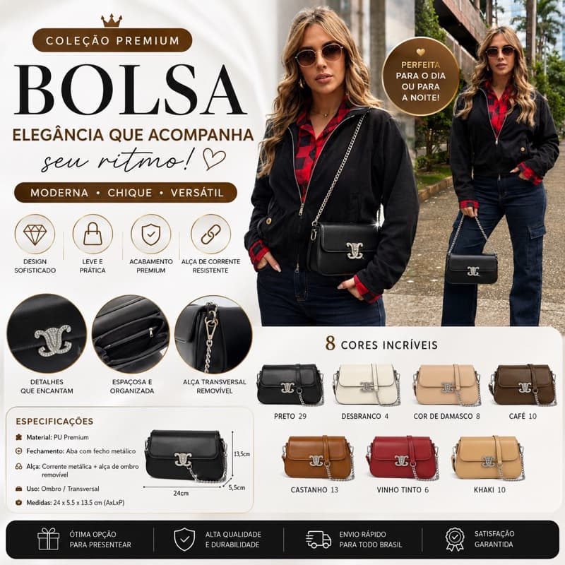 Bolsa Feminina Transversal Elegante com Corrente | Bolsa de Ombro Premium em Couro PU | Casual, Festa e Dia a Dia F033