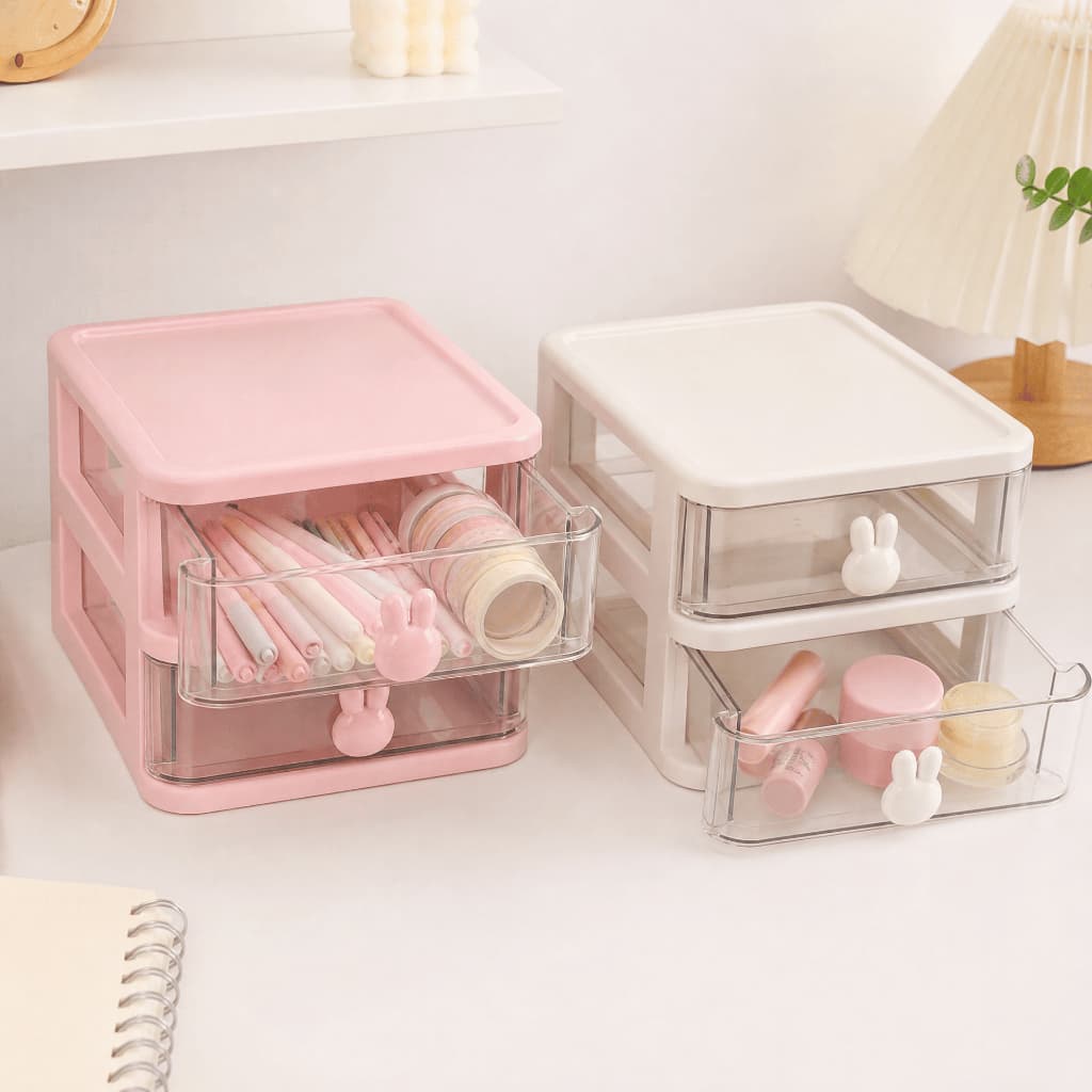 Organizador de Mesa Coelhinho 2 Gavetas Empilhável Porta Maquiagem Papelaria Cosméticos Joias