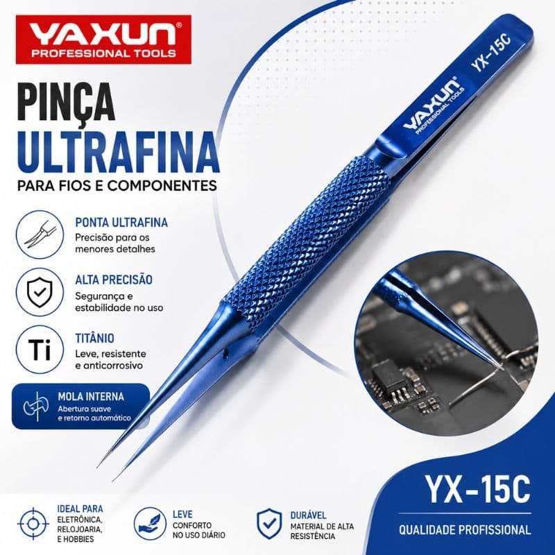Pinça Curvada Yaxun YX-15C Ti Alloy Bico Ultrafino 0,15mm Ferramenta Para Componentes Eletrônicos