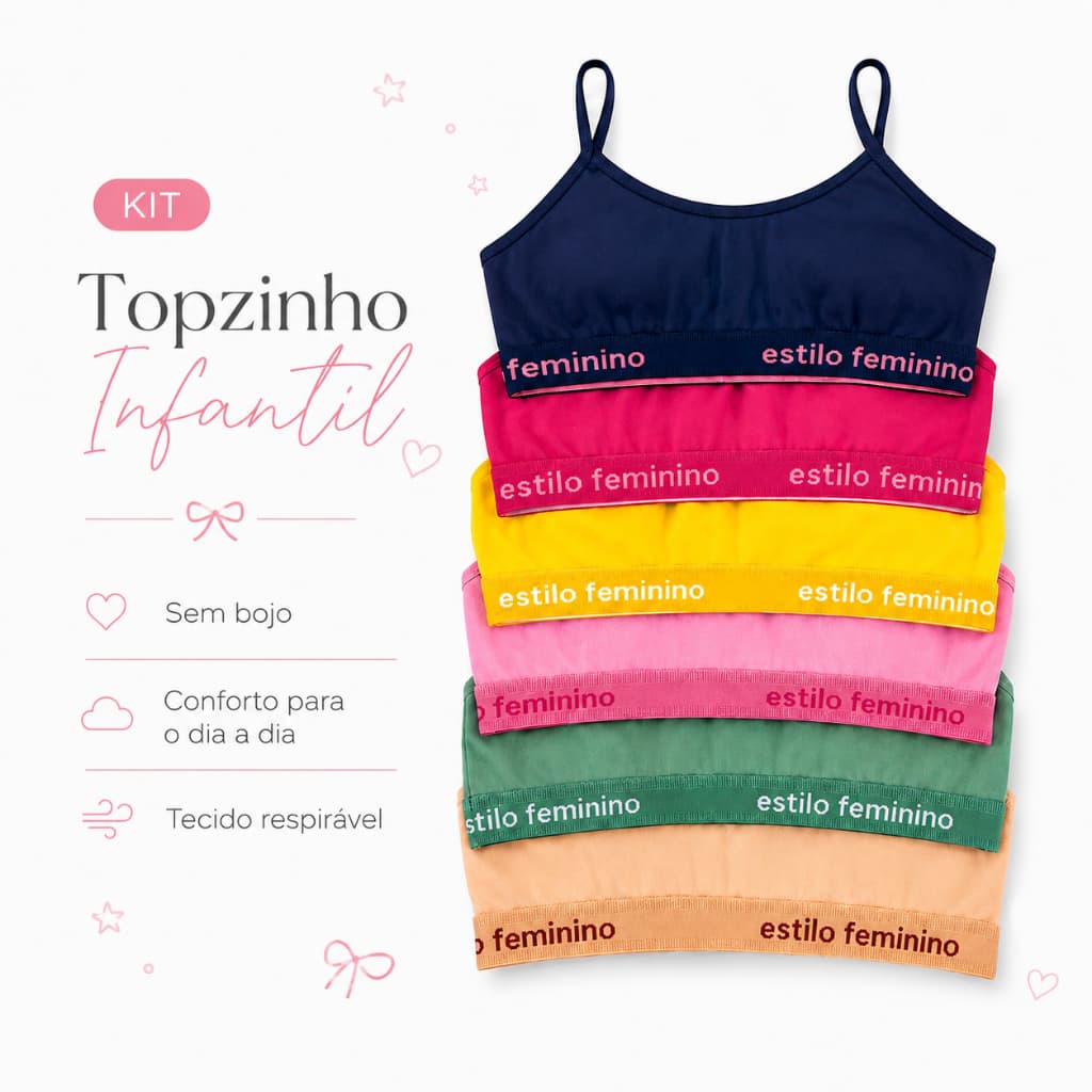 Kit 4/3/2 Unidades Top Infantil Menina Algodão Sutiã Juvenil Cotton Topzinho Sem Bojo Elastano
