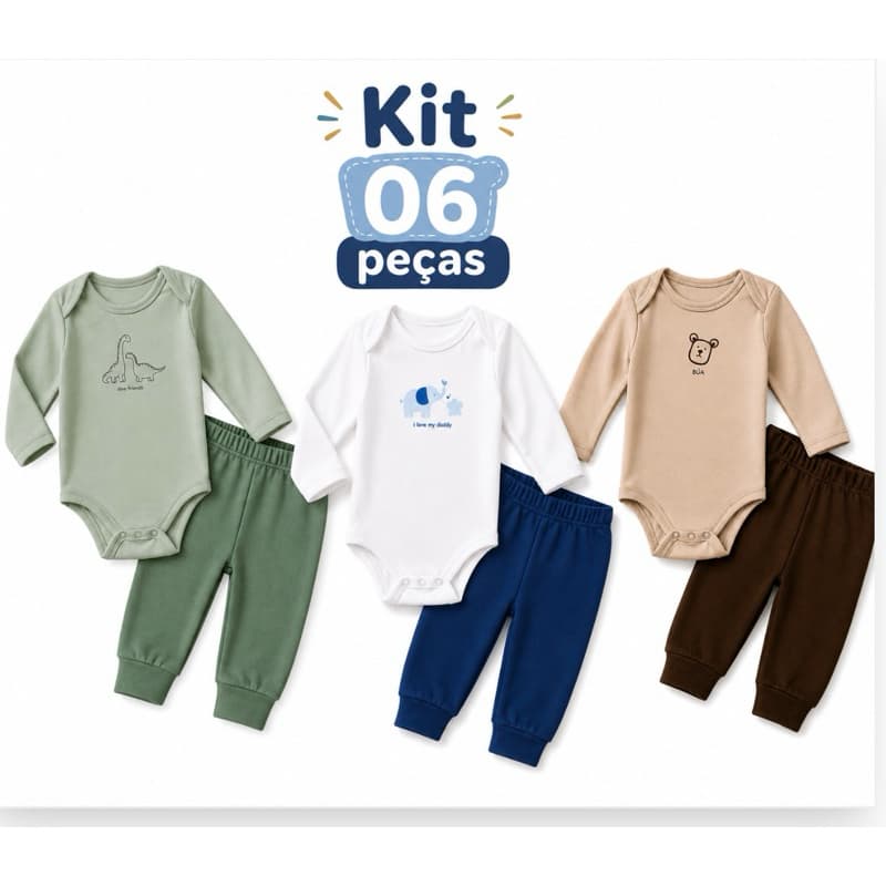 Kit minimalista 6 peças Body bebê manga longa e calça menino - do RN ao GG.