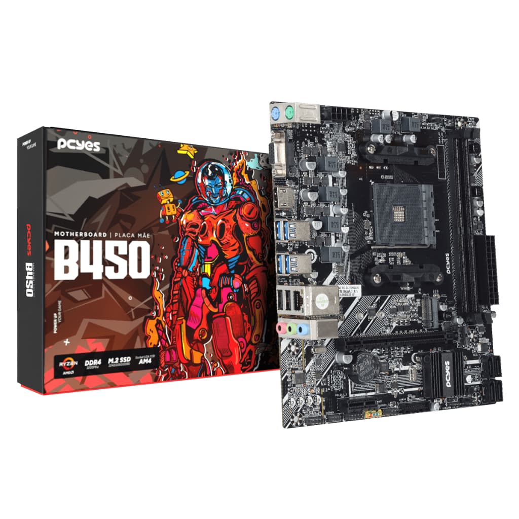 PLACA MAE PCYES B450 AM4 2XDDR4 (MAX 64GB) M.2 NVME 4XUSB 3.0 2XUSB 2.0 REDE 1000 HDMI/VGA M-ATX - PCYB450-RZ564