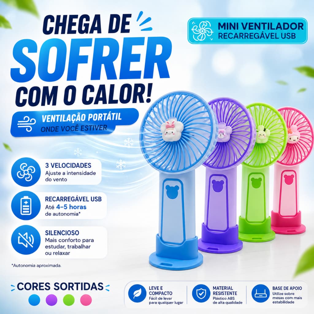 Mini Ventilador Portátil Recarregável USB 3 Velocidades de Mesa Silencioso Com Base Logo Urso