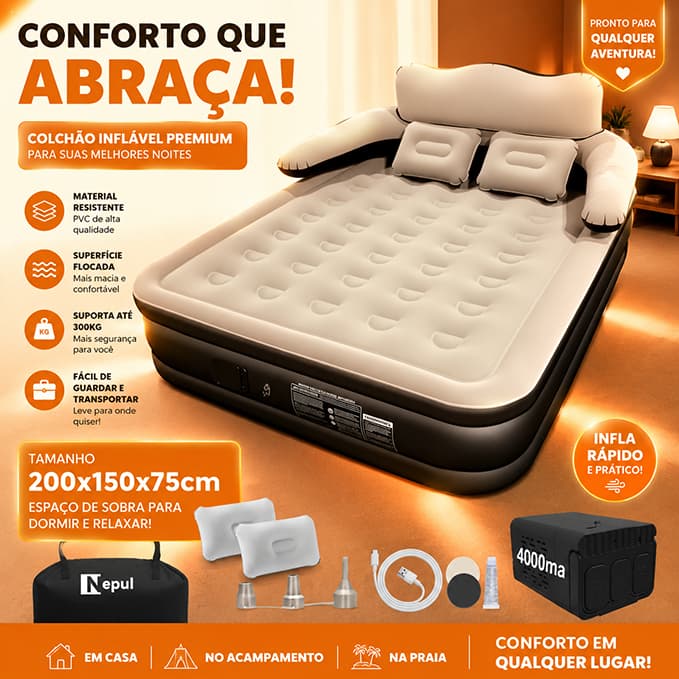 200x150x75cm Colchão Inflável Queen com Encosto e Bomba Elétrica Embutida 4000mah Nepul
