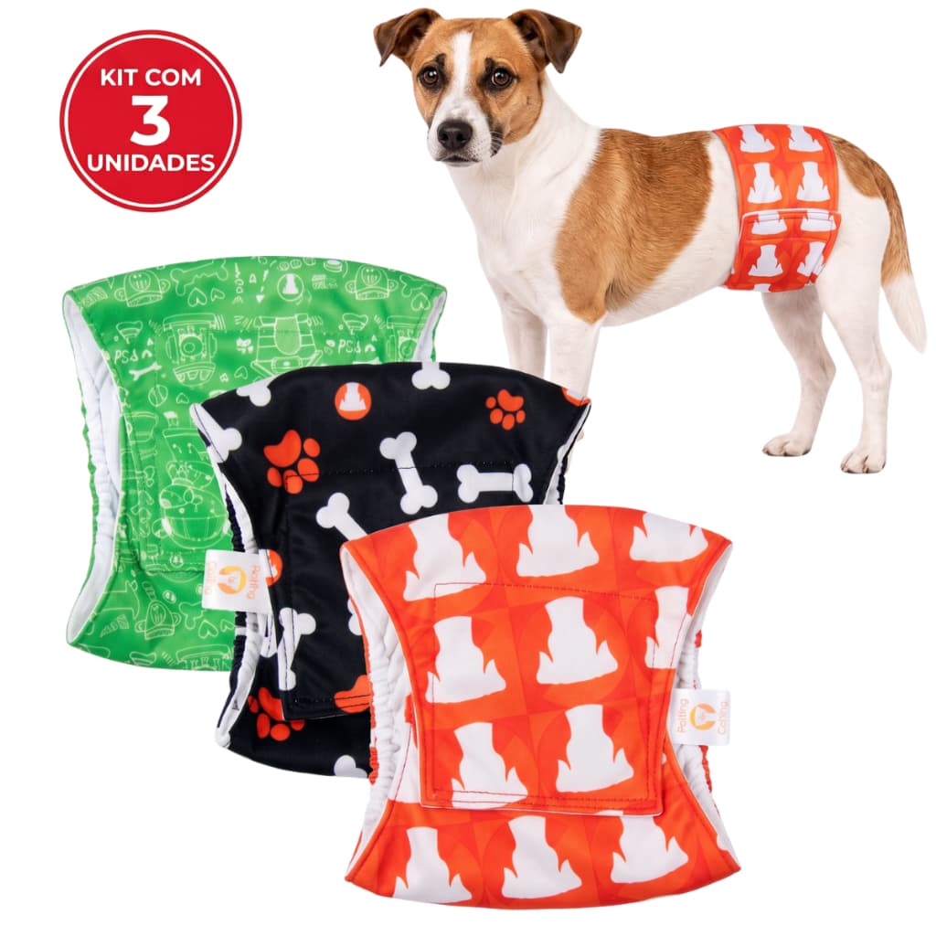 Kit 3 Fraldas Higiênicas Reutilizáveis Cachorro Macho Estampadas Durável e Lavável Petting Is Caring