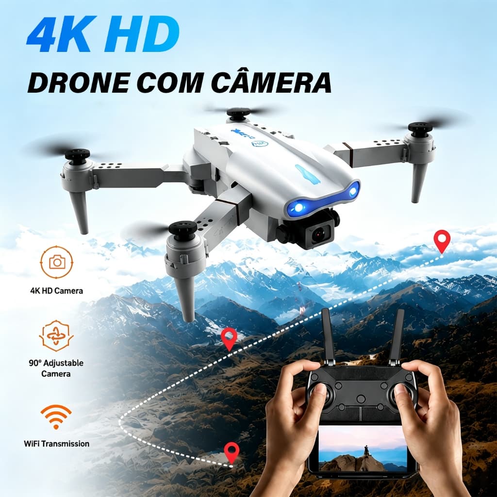 Drone Profissional E88 E99 Câmera 4K Alta Definição Lente Grande Angular Sistema WiFi FPV Altura Ajustável Voo Estável