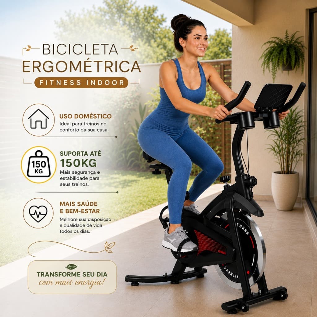 Bicicleta Ergométrica Spinning Fitness Ajustável até 150kg com Painel Digital e Rodinhas Inércia 13kg