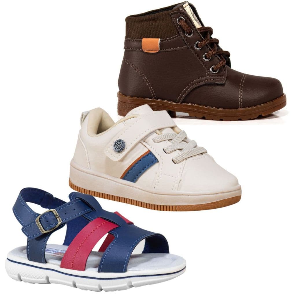 Kit 3 pares Infantil Menino Bota  Sapatênis e Sandália Papete Casual Confortável Azul Caramelo Café