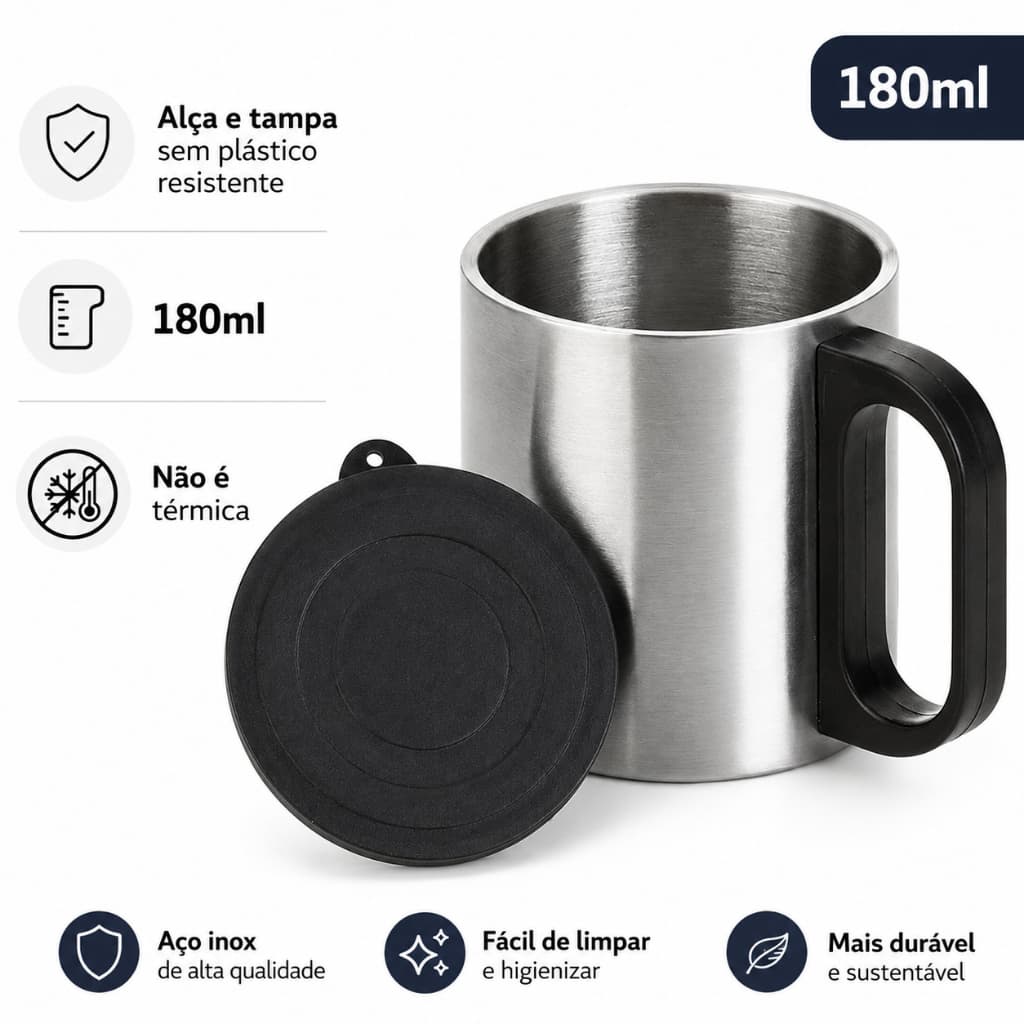 Caneca de Inox 180ml com Tampa para Café e Chá
