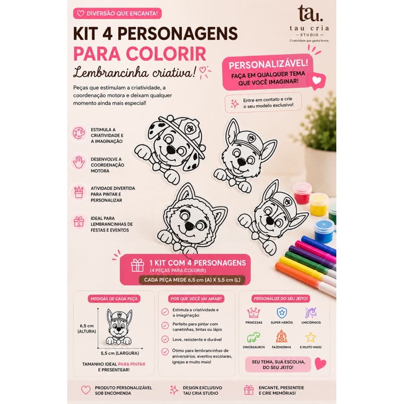Kit com 4 Personagens para Colorir – Lembrancinhas Personalizadas LAVÁVEL