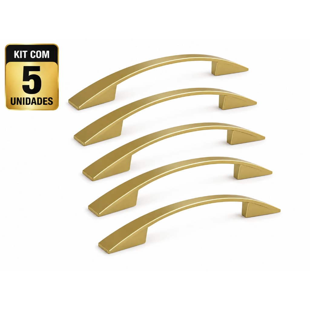 Kit 5 Puxadores Il 2092 Dourado Fosco 128mm Alça Curva Moveis Armários Gavetas Portas