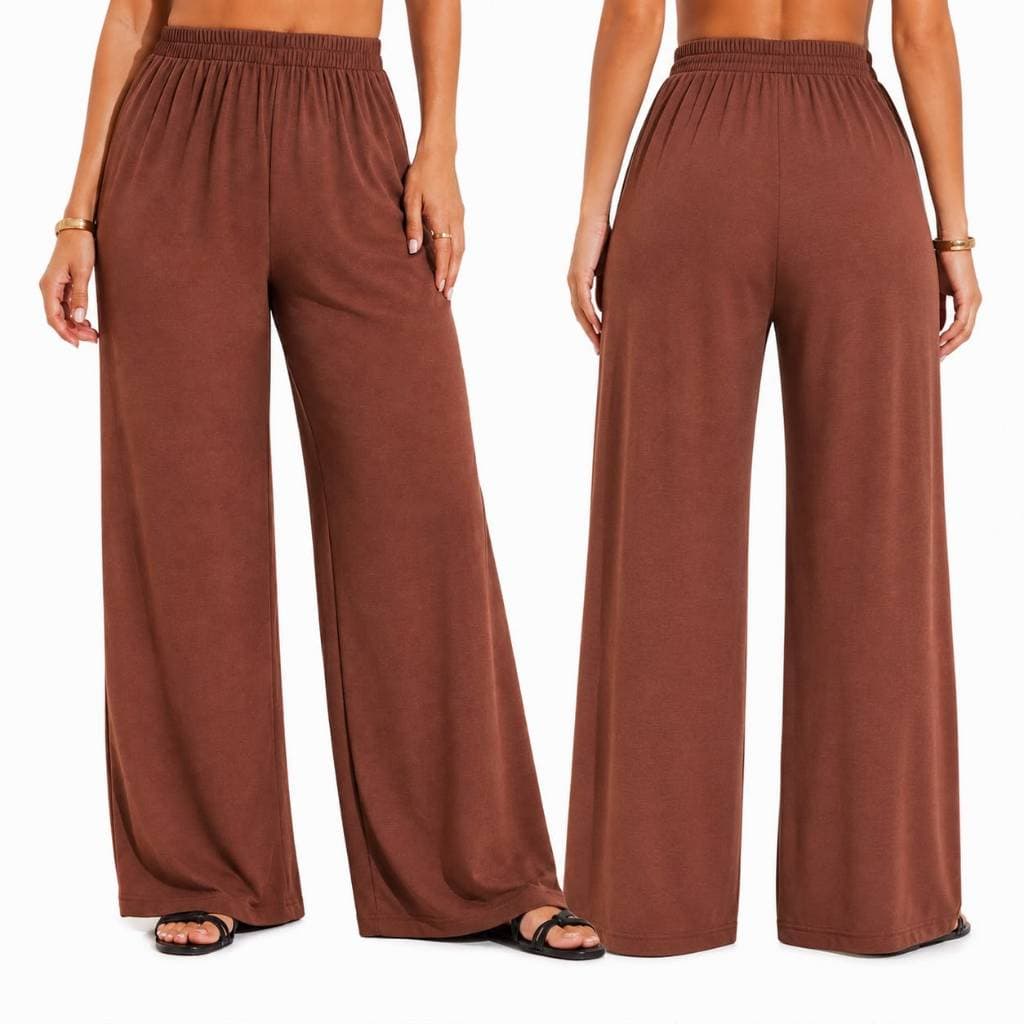 Calça Pantalona Feminina Cintura Alta Elástico Na Cintura Tecido Duna Wide Leg Confortável Soltinha  Leve Elegante