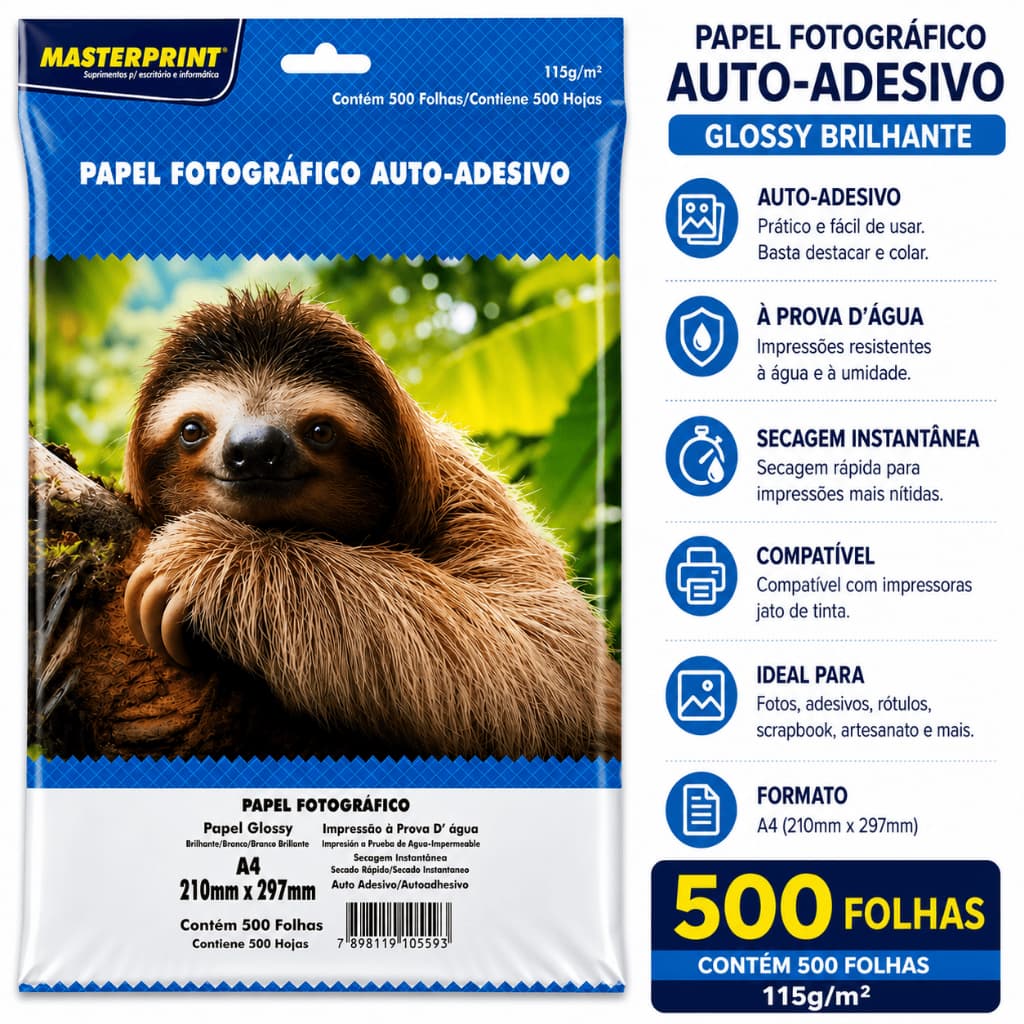 Papel Fotográfico Adesivo A4 115g Glossy Brilhante 500 Folhas Masterprint Inkjet