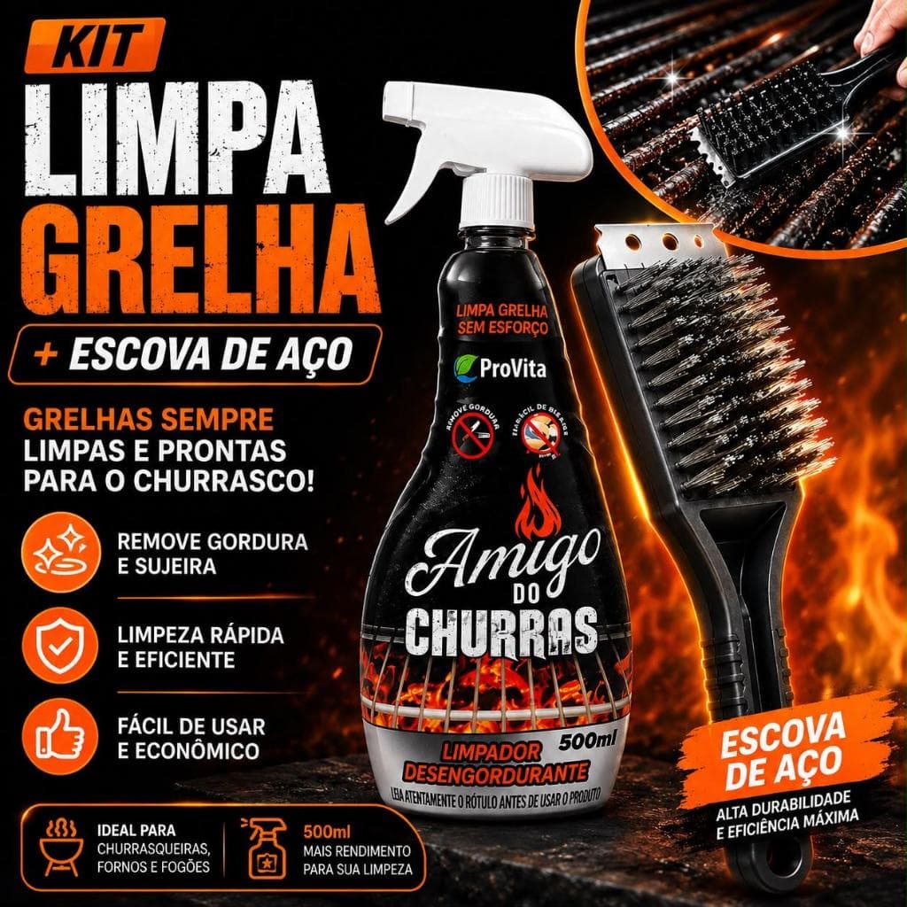 Kit Limpa Grelha 500ml + Escova de Aço Churrasqueira Desengordurante Limpeza Pesada Churrasco