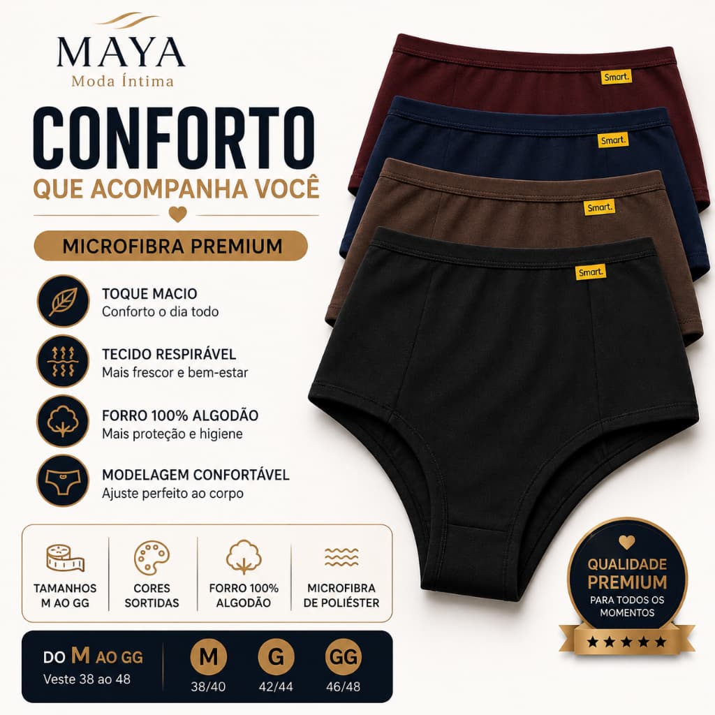 Calcinha Feminina Cintura Alta Microfibra Forro 100% Algodão M ao GG Cores Sortidas