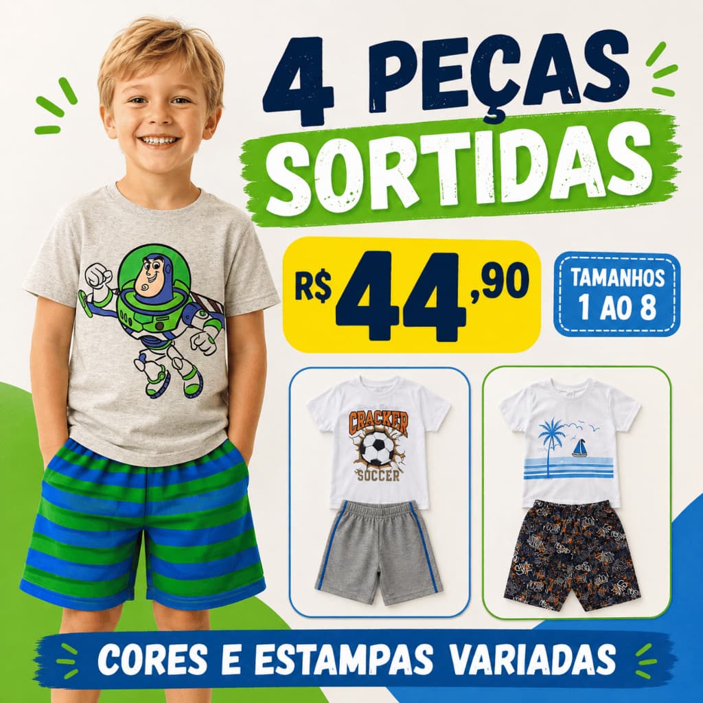 4 Peças Roupa Infantil Masculina Sortida  Conjuntos Camiseta e Bermuda Escola Presente Passeio Menino