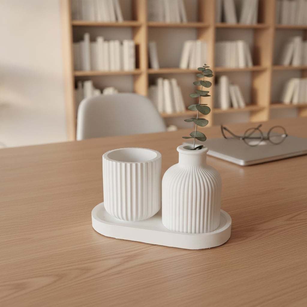 Kit 3 Itens Conjunto Decorativo Minimalista em Gesso Branco com Vaso Canelado e Bandeja Oval