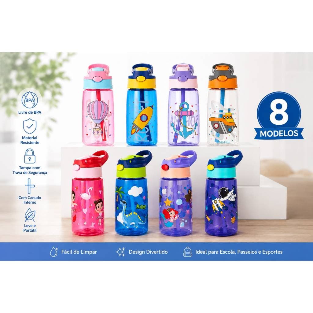 Garrafa Squeeze Canudo Infantil Plástico Silicone de água Infantil 450ml