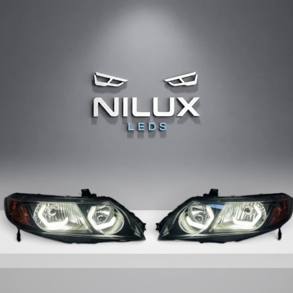 Farol Honda Civic G8 Personalizado 2006 a 2011 Angel Eyes Máscara Negra Pisca Âmbar Seta Americana Ambos Lados Novo