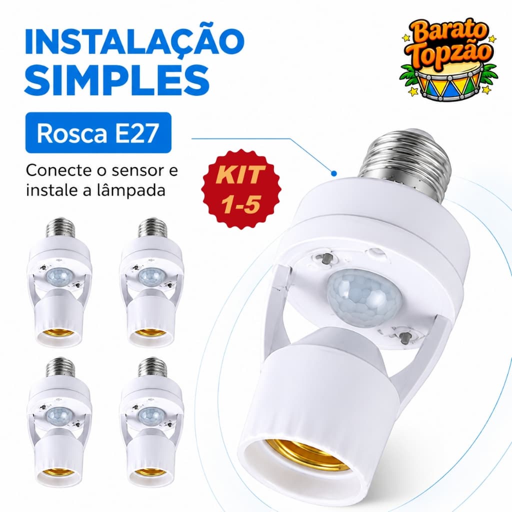 Kit 5 Sensor de Presenca com Fotocelula Soquete  60W Sensor de Movimento Lampada - Envio ImediatoE27 Bivolt Max