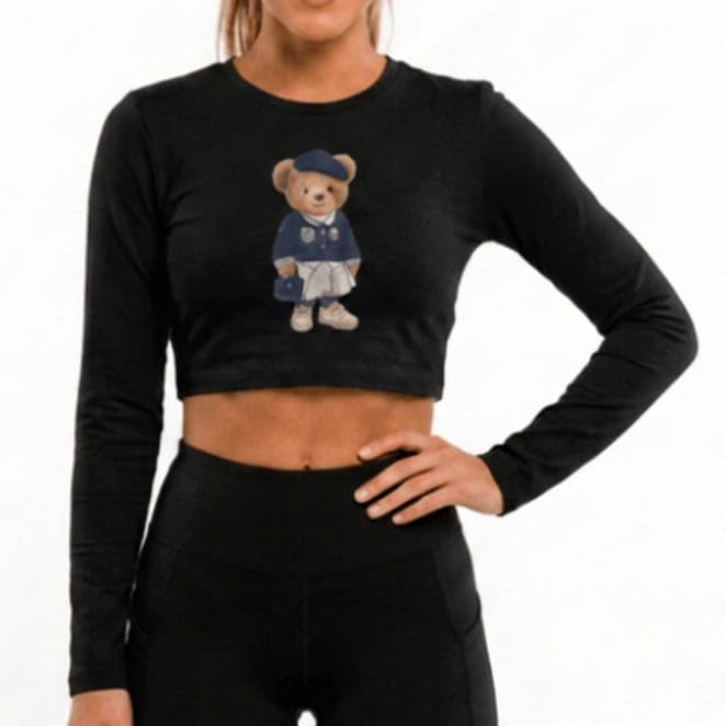 Cropped Feminino Esportivo de Poliamida com Estampa de Urso