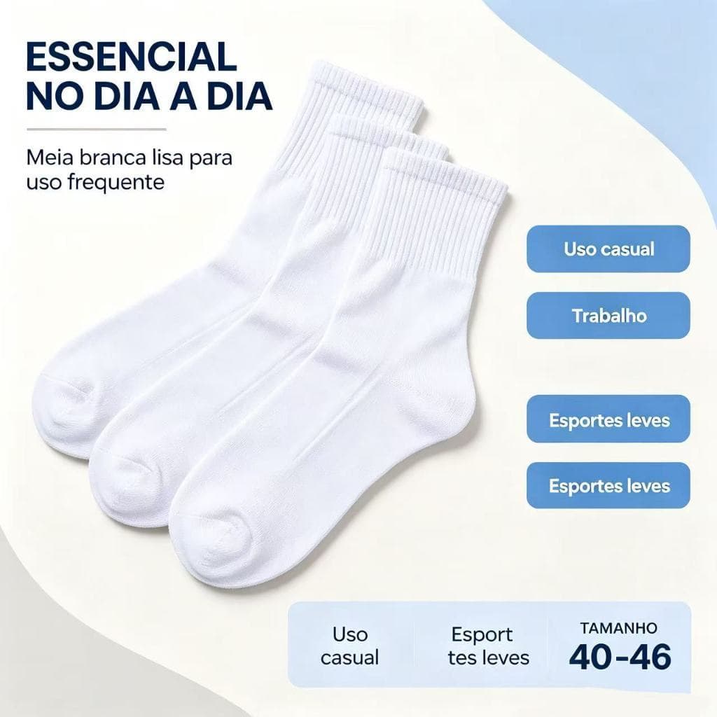 Kit Meias Cano Alto Brancas Masculinas 1 3 6 Pares Tamanhos 40 ao 46 Casual Versátil