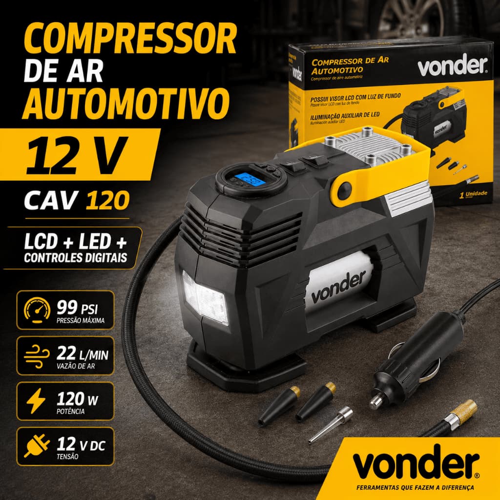 Compressor de Ar Automotivo 12V CAV 120 Vonder Digital Manômetro LCD Luz LED 99 psi Calibrador Pneu e Bola