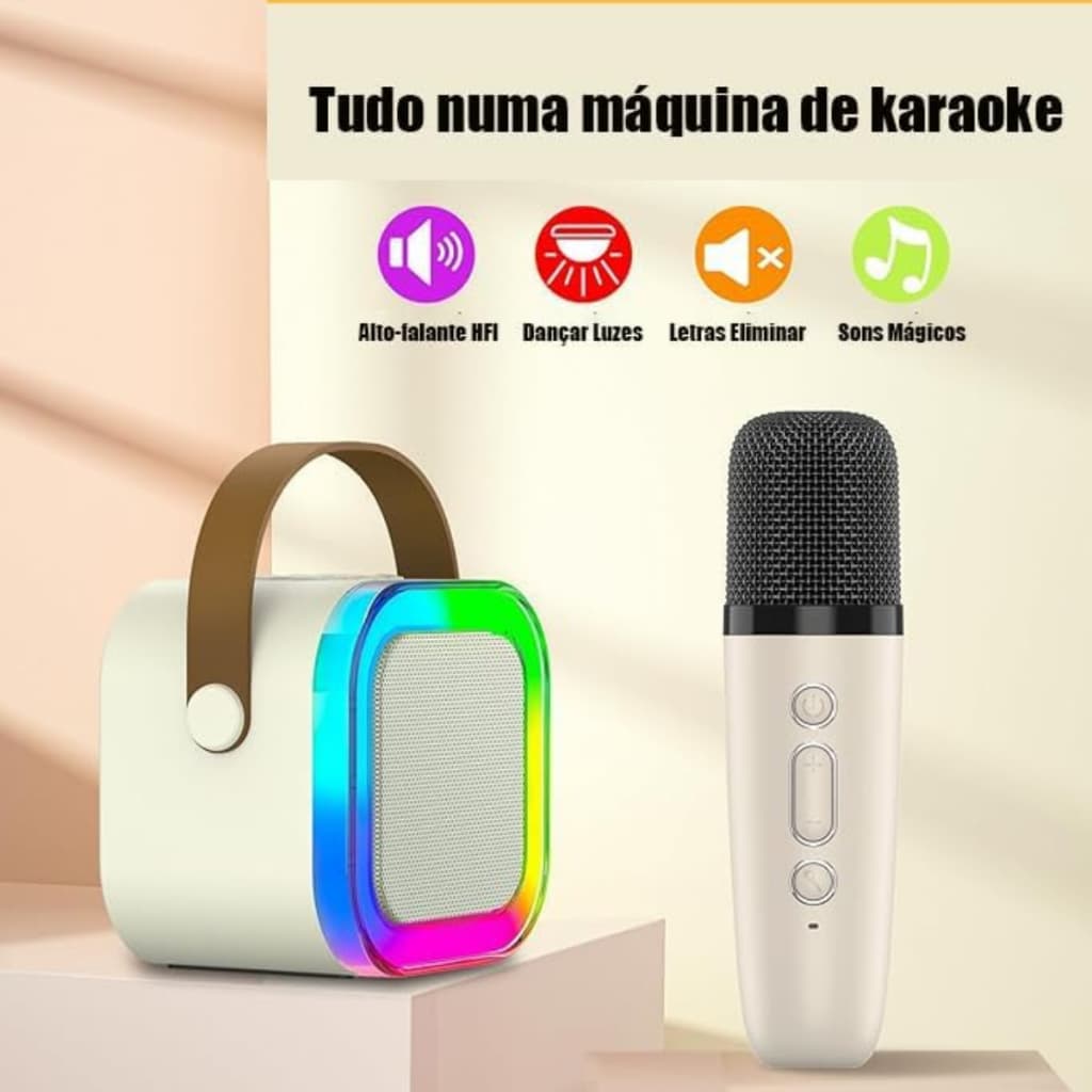 Caixa de Som Bluetooth Portátil com Microfone Karaokê Infantil RGB Recarregável USB Sem Fio efeitos de voz