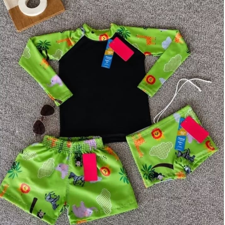 Kit Praia 3 Peças Infantil Menino Com Proteção UV50 + Kit Natação Camisa +Short +Sunga Forrada Masculino