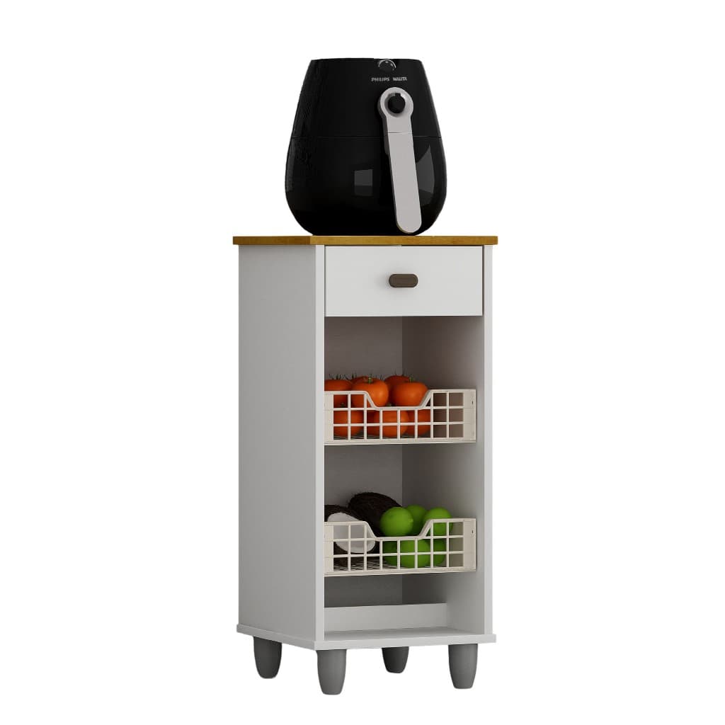 Fruteira Multiuso Com Gaveta E Cestos Organizador De Cozinha Branco com Cinamomo Moderno