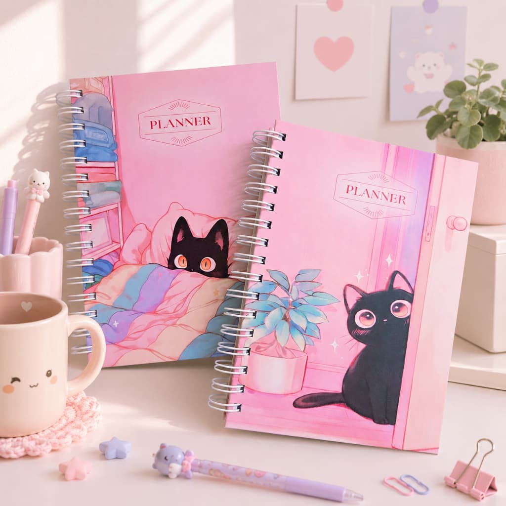 Planner Semanal Agenda Bullet Journal - 2027 ou Não Datado - Capa Dura - Gato rosa