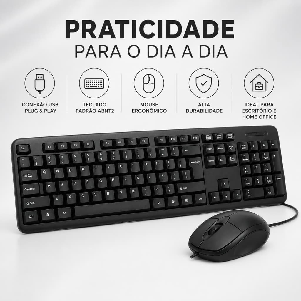 Teclado, Mouse ou Kit Teclado + Mouse USB Com Fio ABNT2 Ergonômico Preto para PC e Notebook