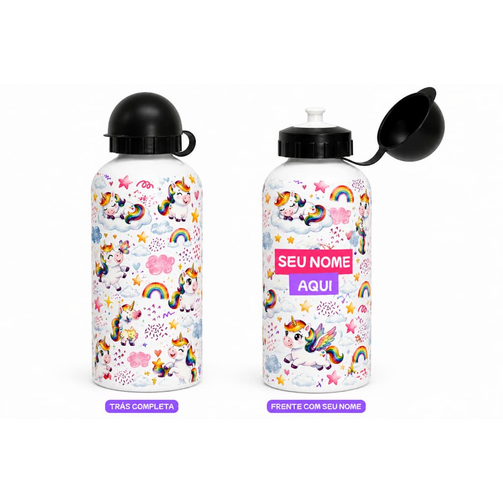 Garrafinha Infantil Unicornio Fofo 500ml de Aluminio Personalizada com Nome