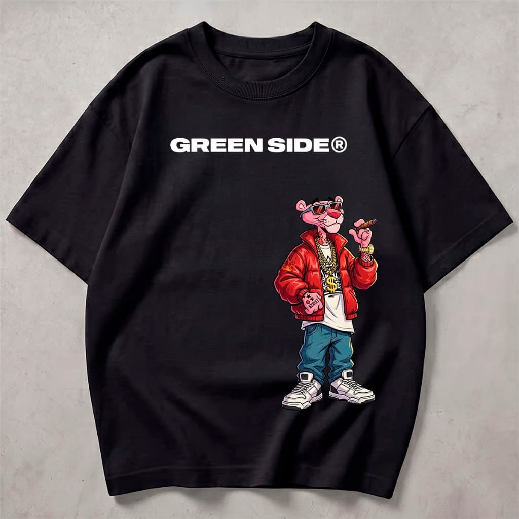 Camiseta Premium Masculino Green Side Streetwear Cartoon Pantera Cor de Rosa Fashion Moda 2026