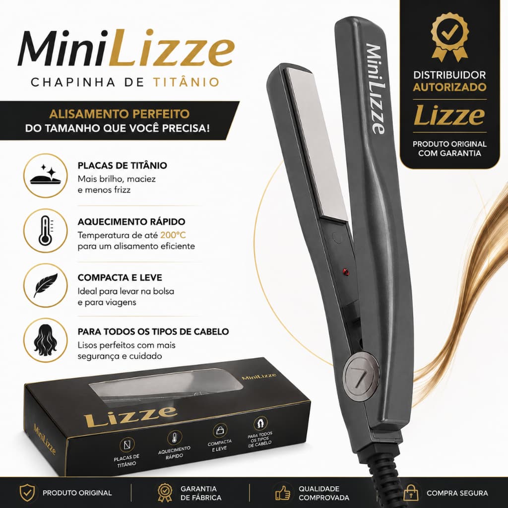 Chapinha Mini Lizze Titânio 200°C Bivolt 127V/220V Prancha de Cabelo Profissional Lizze