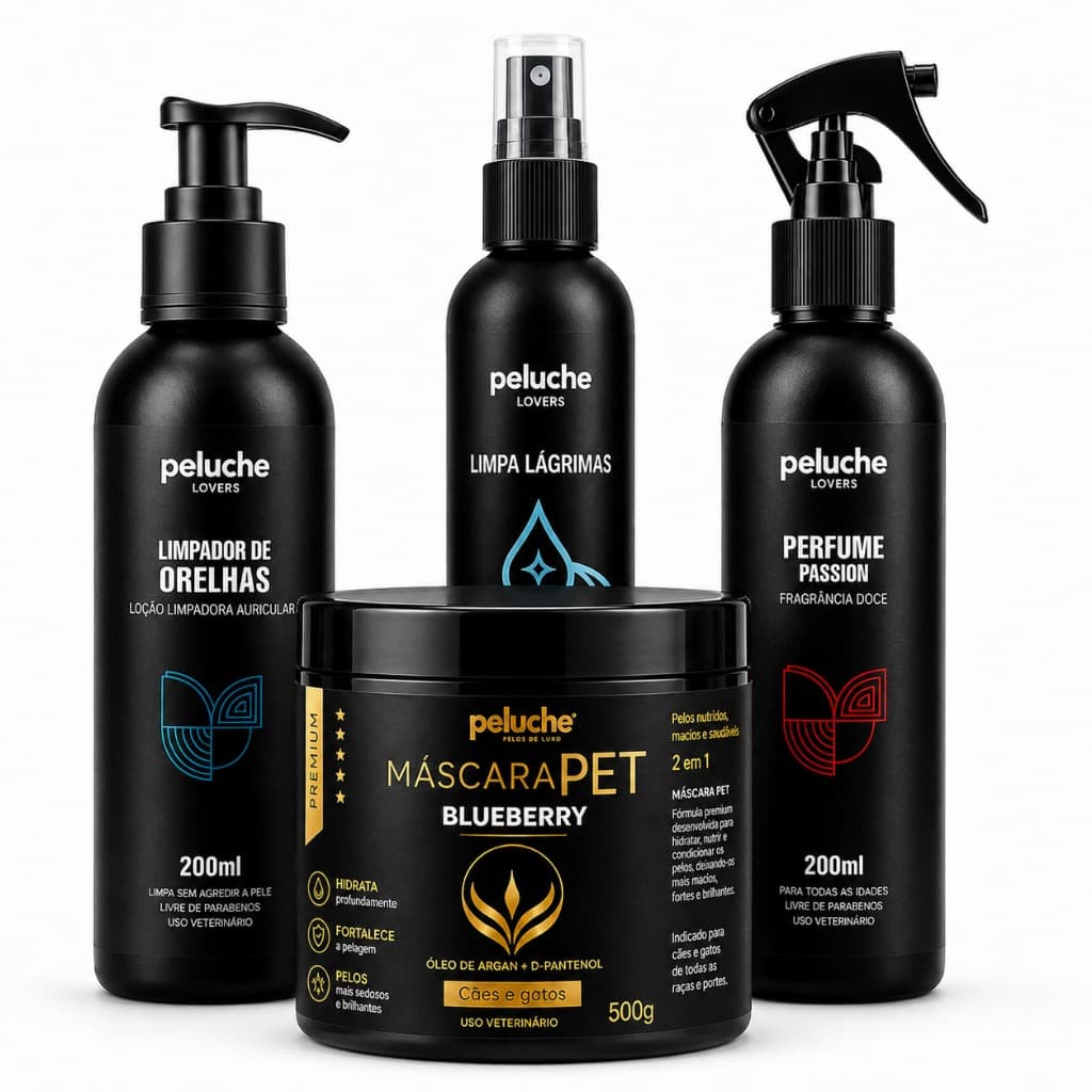 Tratamento para Cachorro Máscara Hidratação Limpa Lágrimas Orelhas Perfume Passion Peluche Kit Premium