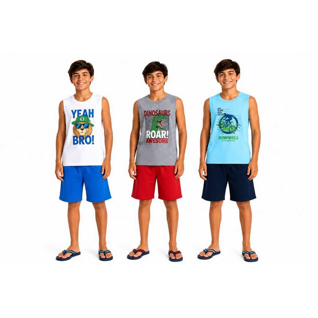 Kit 3 Conjuntos Regata Infantil/Juvenil Menino Verão Algodão  Tam. 10 ao 16