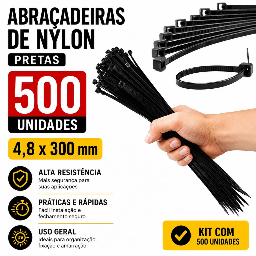 Abraçadeira Nylon Preta 4,8x300mm Kit 500 Enforca Gato Reforçada Nylon Industrial