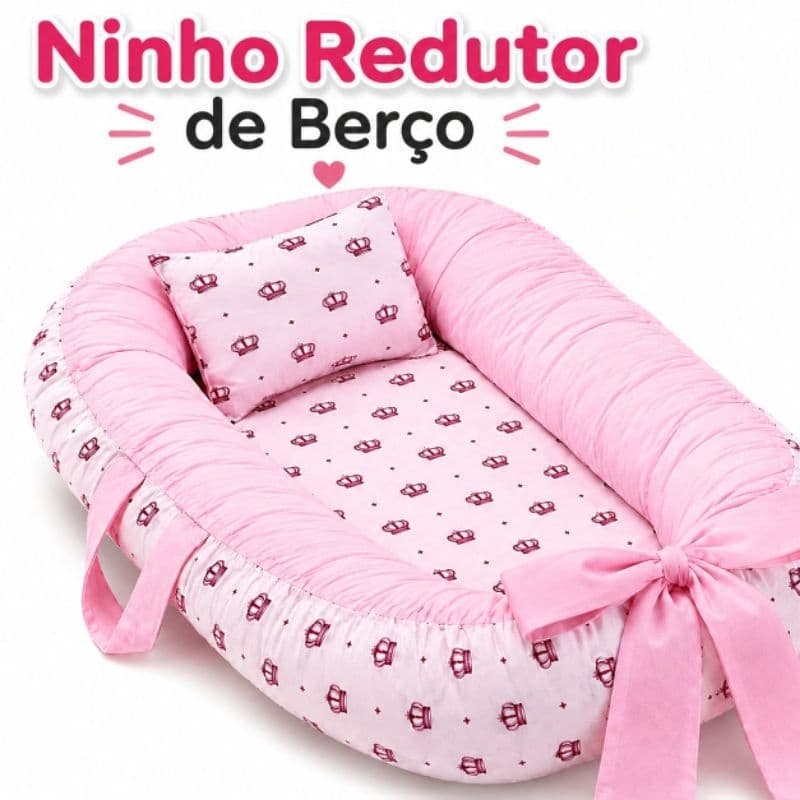 Ninho redutor de berço para bebe estampado + travesseiro ergonomico, ziper e laço ajustavel