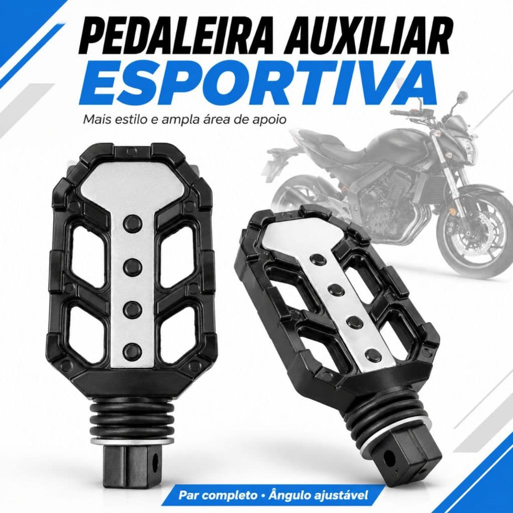 Par Pedaleira Auxiliar Esportiva Moto Biz CG Titan Fan Fazer XRE Regulável Furo 8mm Apoio de Pé 2 Un