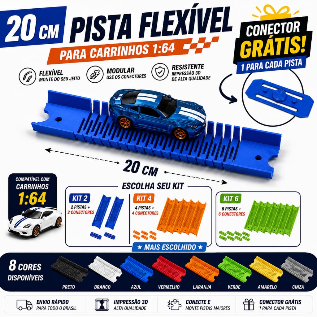 Pista Flexível 20cm para Carrinhos 1:64 Kit 2 4 ou 6 Pistas | Com Conectores | Compatível hotweels