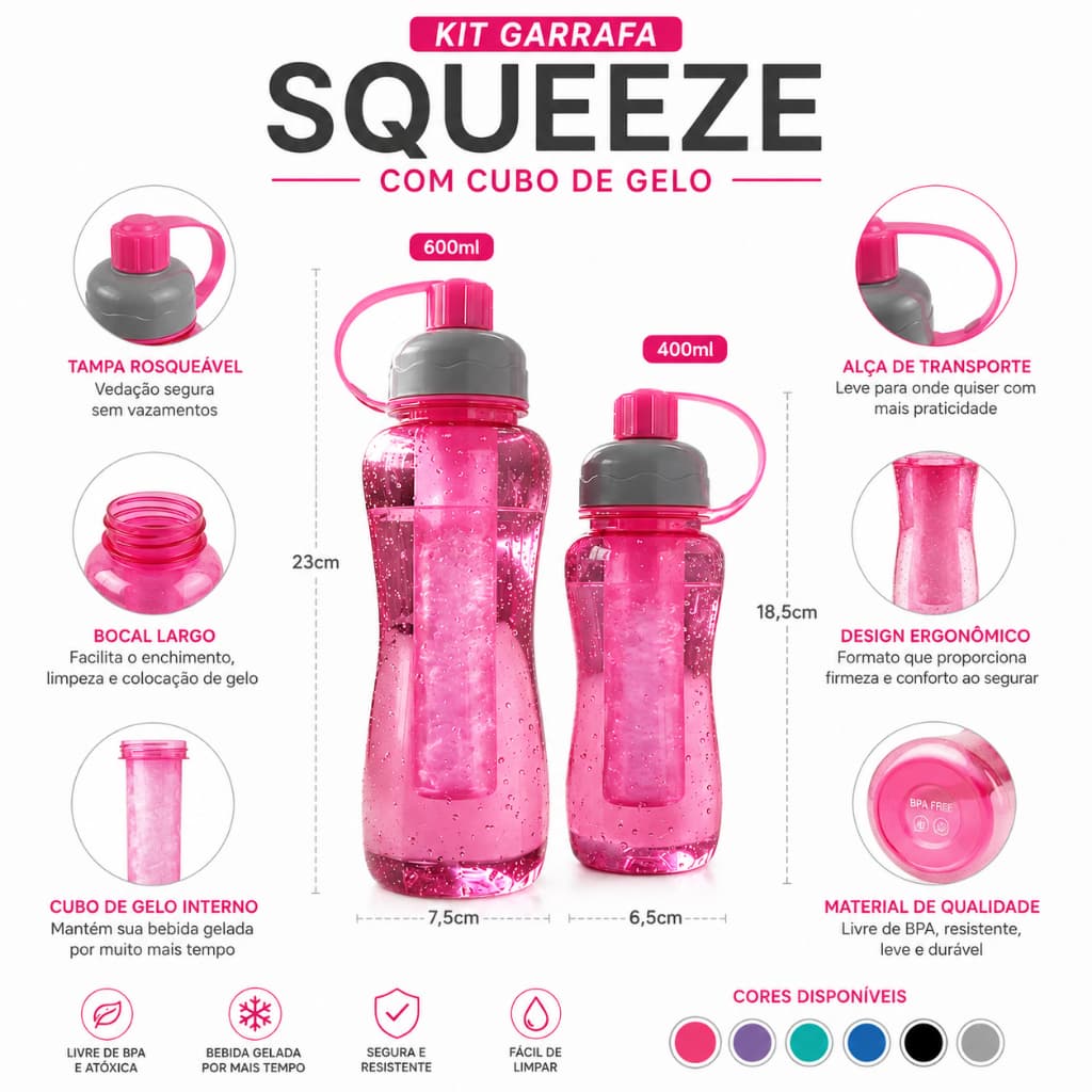 Kit Garrafa Squeeze Com Cubo de Gelo 400ml 600ml Garrafa Plástica Atacado