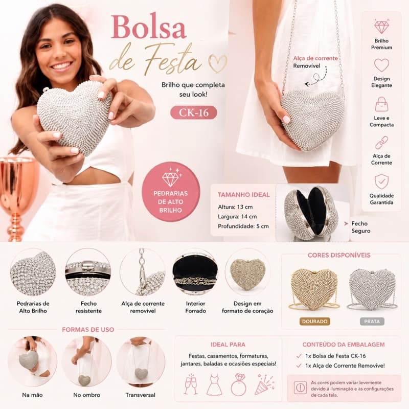 Bolsa de Festa Feminina Coração com Pedrarias Brilhantes Alça de Corrente Removível Clutch Elegante CK-16